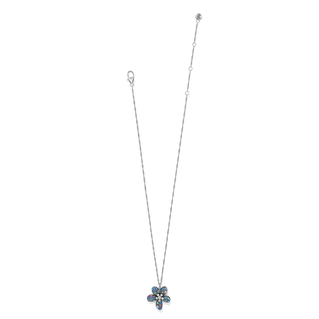 Silver-plated adjustable flower necklace with blue crystal petals on a silver chain.