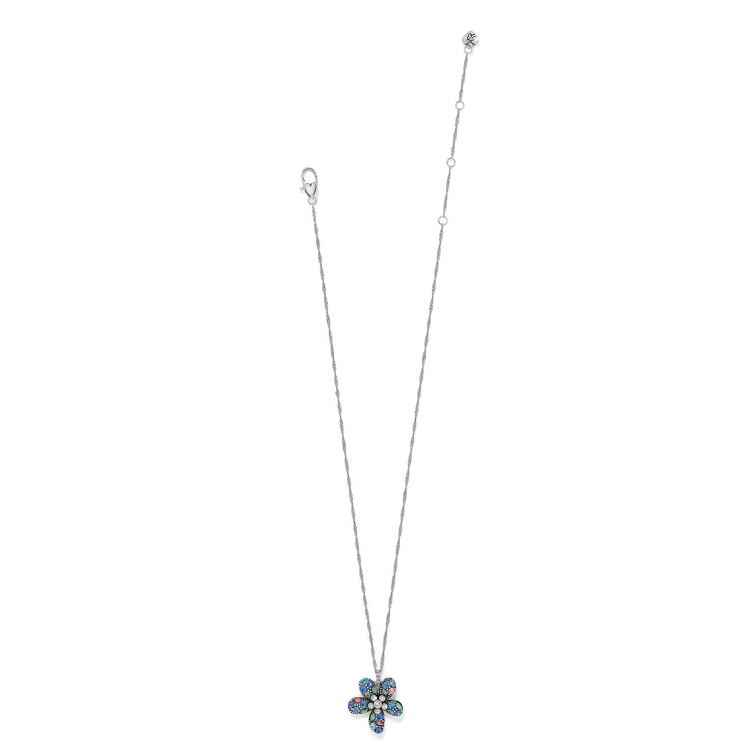 Silver-plated adjustable flower necklace with blue crystal petals on a silver chain.