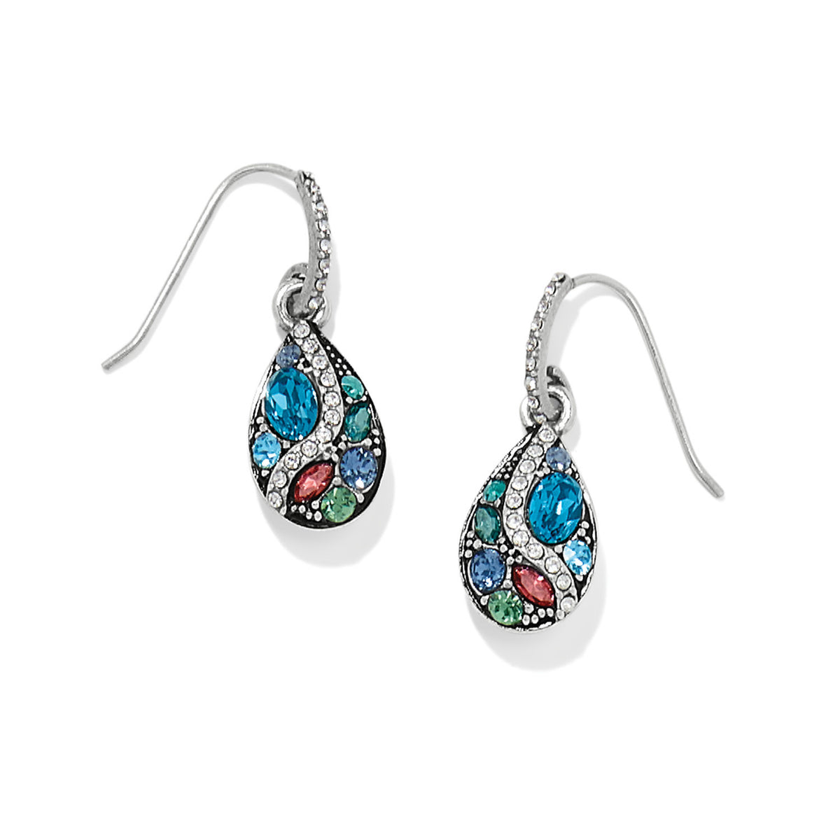 Silver-plated French wire earrings with blue sparkle crystals on a silver background