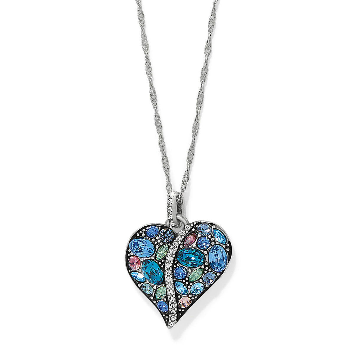 Silver-plated adjustable necklace with a blue crystal heart pendant on an 18 to 20-inch chain.