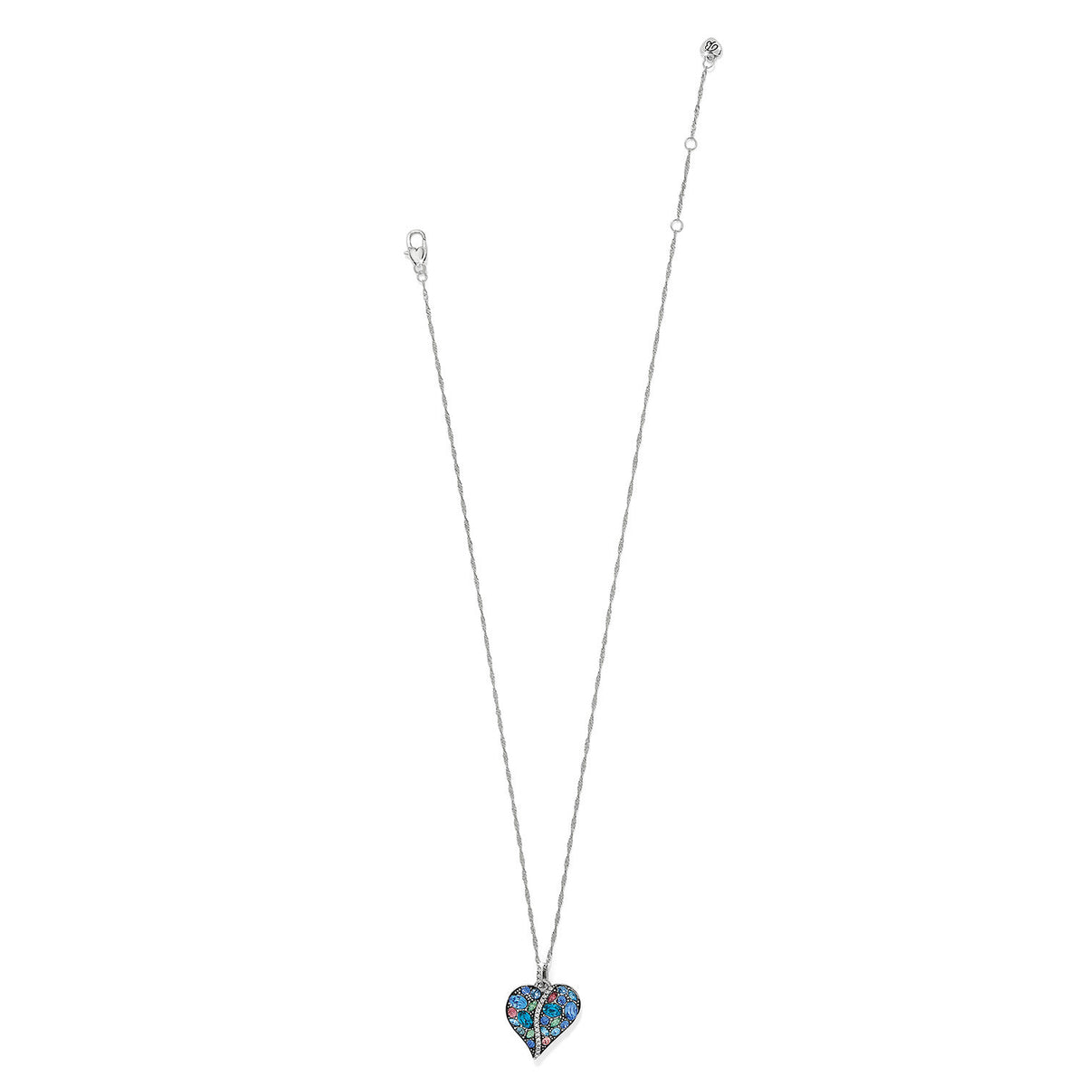 Silver-plated adjustable necklace with a blue crystal heart pendant on an 18-inch chain.