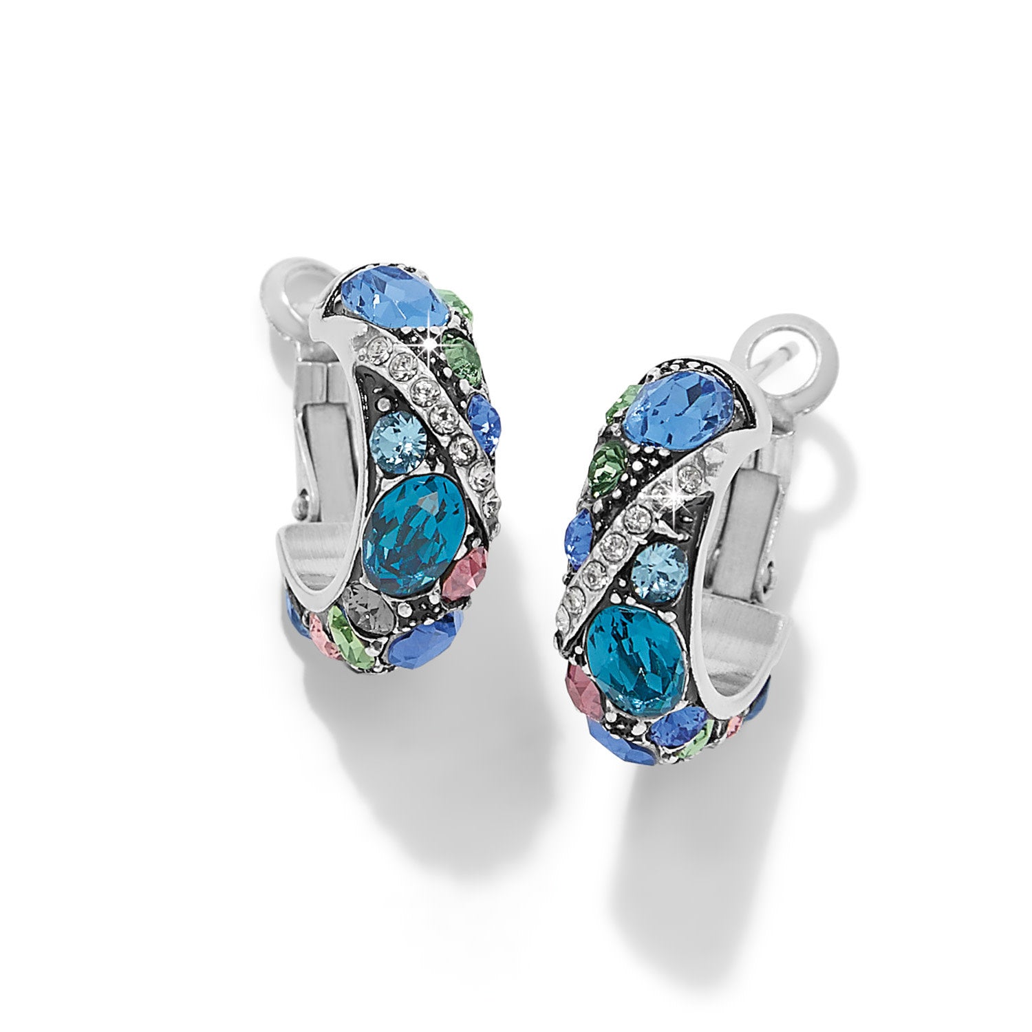Silver-plated hoop earrings with blue crystal accents on a post back.