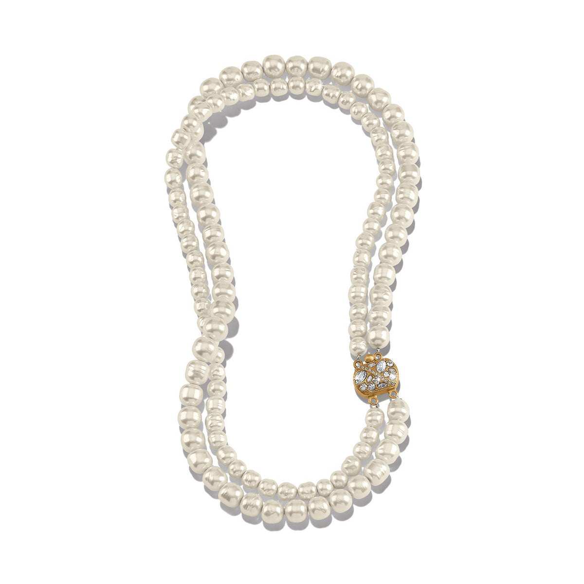 Silver baroque pearl necklace with gold-plated crystal pendants on a lobster claw clasp