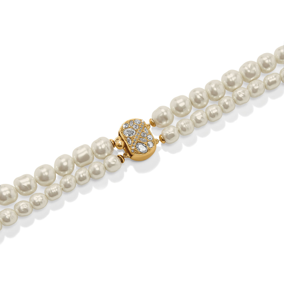 Silver double pearl necklace with gold-plated baroque pearls on a lobster claw clasp.