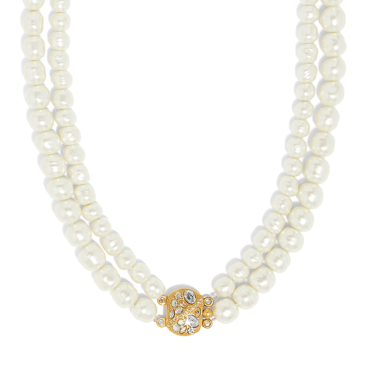 Silver baroque pearl necklace with gold-plated crystal pendants on a lobster claw clasp