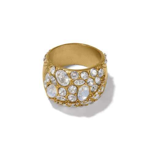 Gold plated ring with hand-set crystals in a swirling crystal-encrusted silhouette.