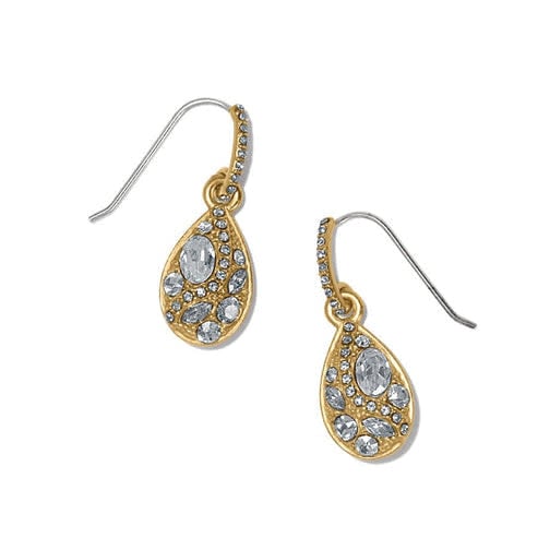 Gold-plated French wire earrings featuring teardrop-shaped fine European crystals in a golden mosaic pattern.