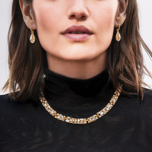 Gold-plated French wire earrings with teardrop-shaped mosaic crystals