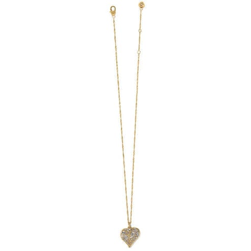 Gold plated heart pendant necklace with multi-shape European crystals on an adjustable chain.