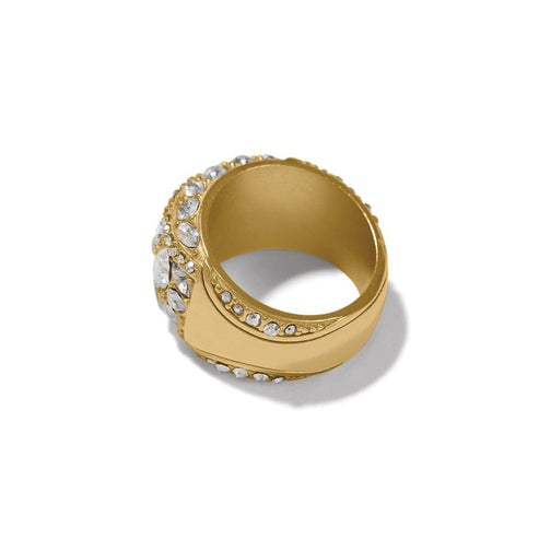 Gold plated ring with hand-set crystals in a swirling crystal-encrusted band.