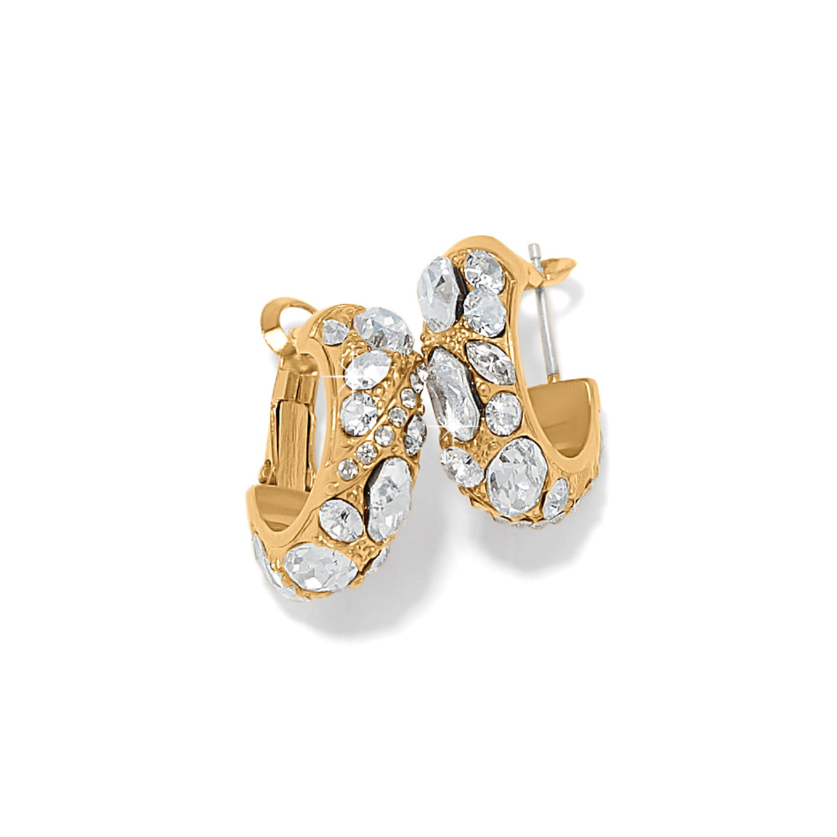 Gold plated hoop earrings with a swirl crystal pattern featuring golden touches.