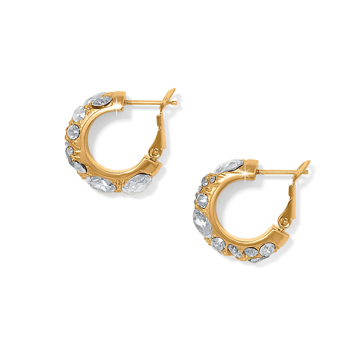Gold plated hoop earrings with a swirl pattern featuring hand-set crystals.