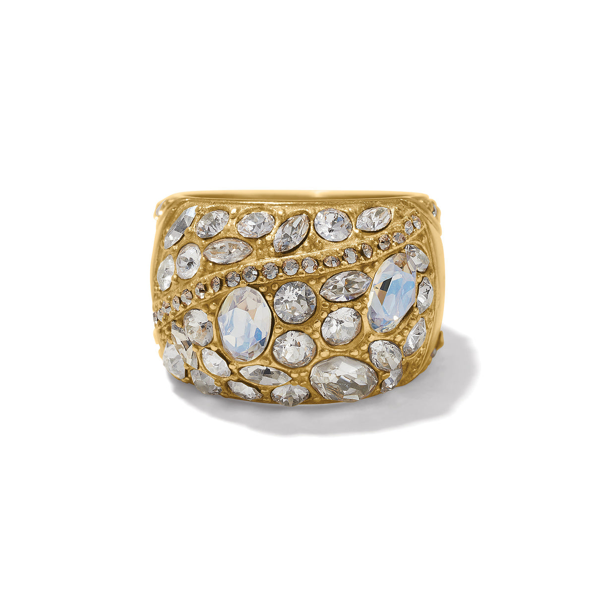 Gold plated ring with hand-set crystals on a half-inch band