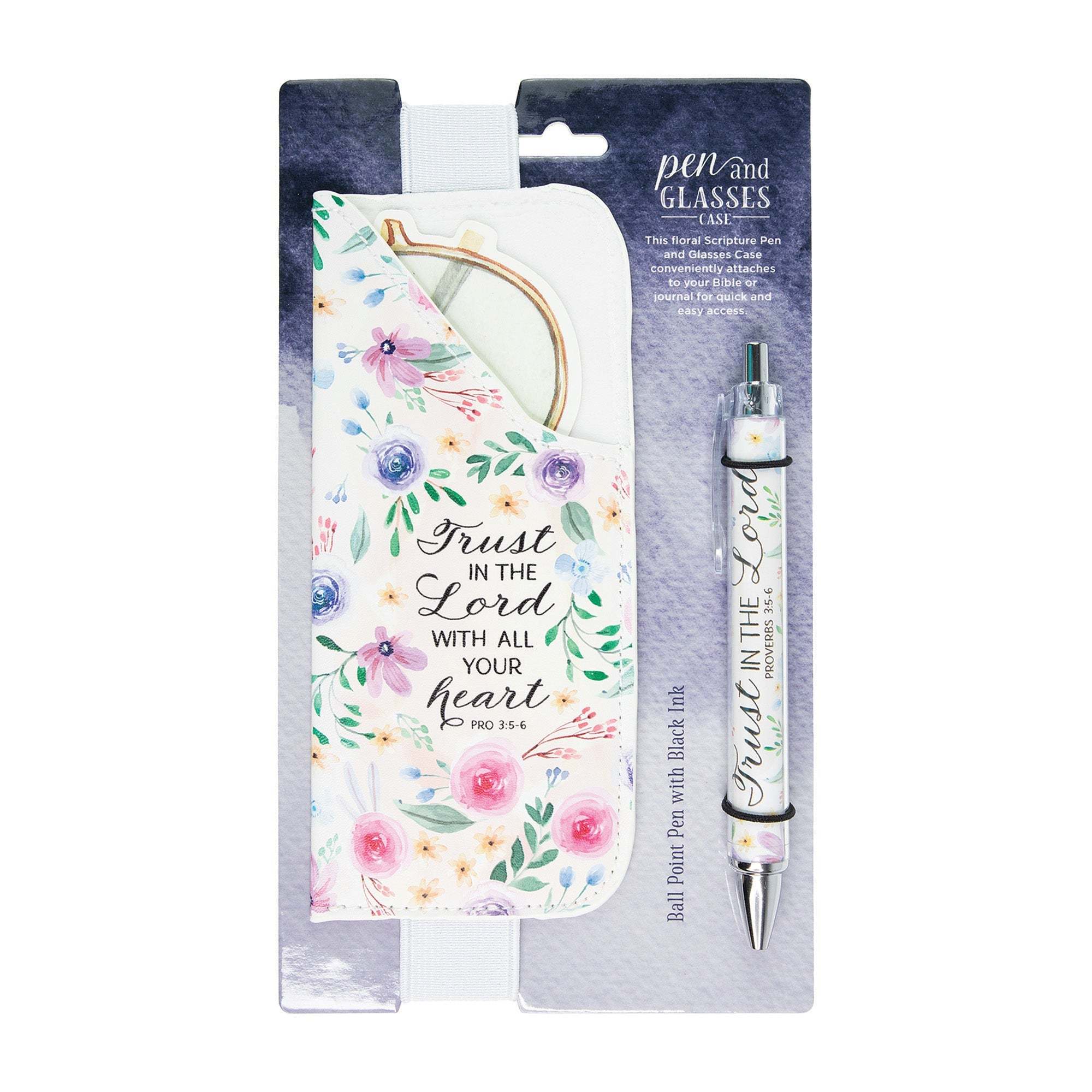 Floral pen and glasses case set with 'Trust in the Lord' scripture and matching black ink pen.