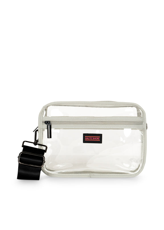Clear vinyl camera-style crossbody bag with front zipper and black adjustable strap.