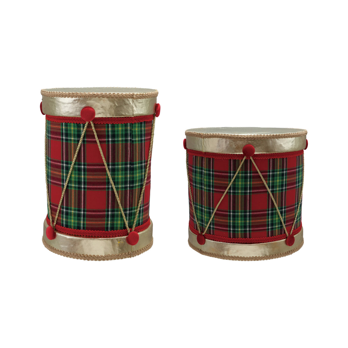 Two decorative foam and fabric drums with red and green plaid patterns and gold trim.