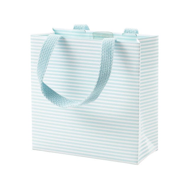Small square gift bag in Robin's Egg blue with a striped pattern and strong carrying handle.