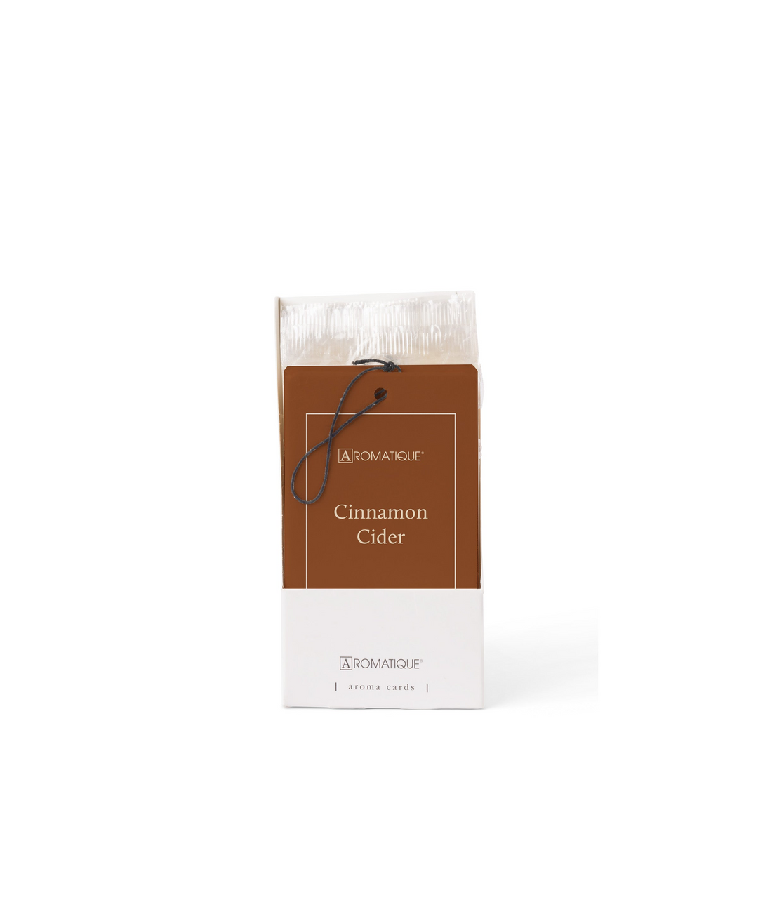 Aromatique Cinnamon Cider aroma card in a white box with a brown hanging tag and black string.