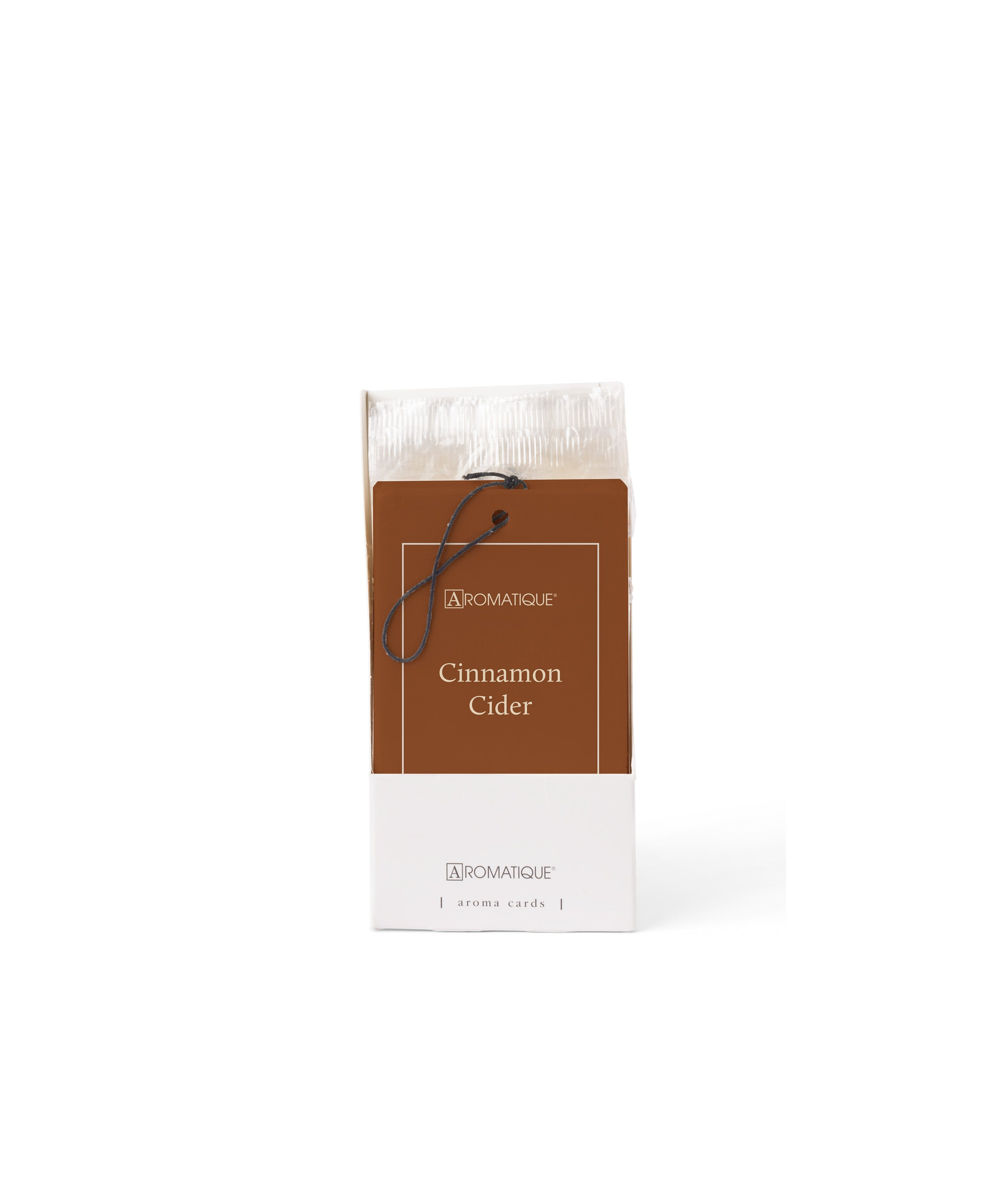 Aromatique Cinnamon Cider aroma card in a white box with a brown hanging tag and black string.