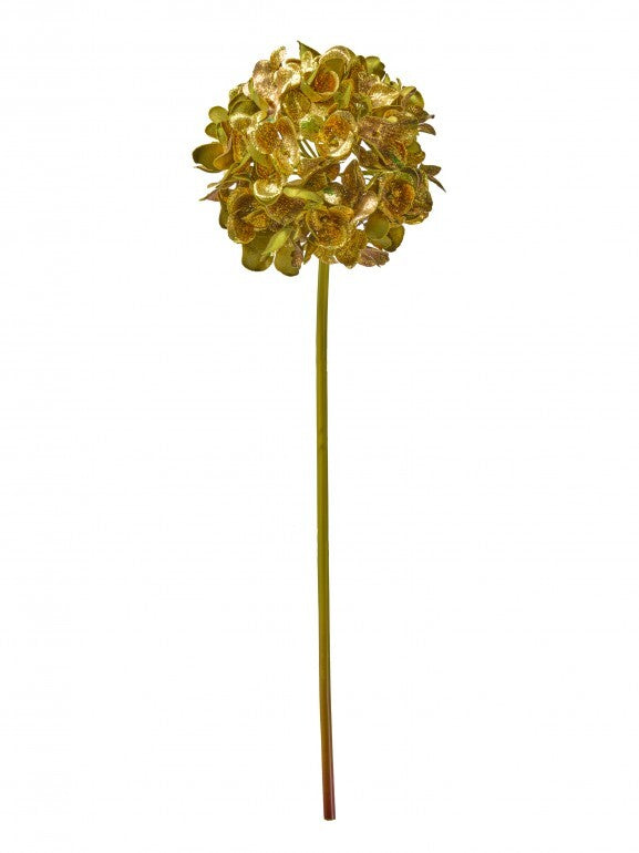 18-inch metallic gold glitter hydrangea stem with a long green stalk.