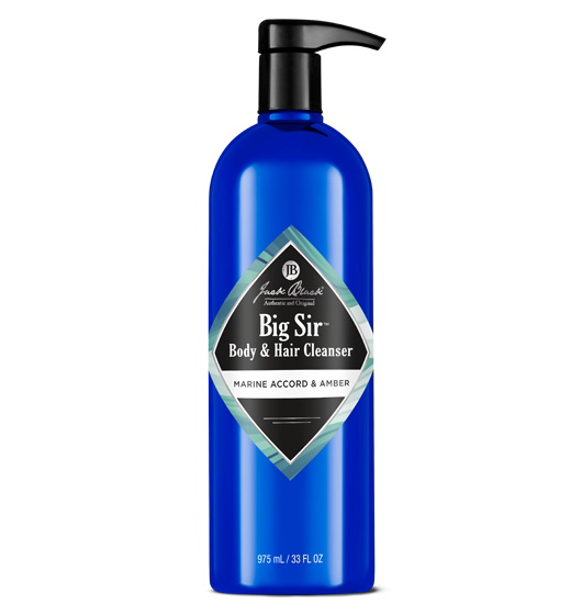 Big Sir Body & Hair Cleanser bottle with aloe vera and glycerin ingredients listed.