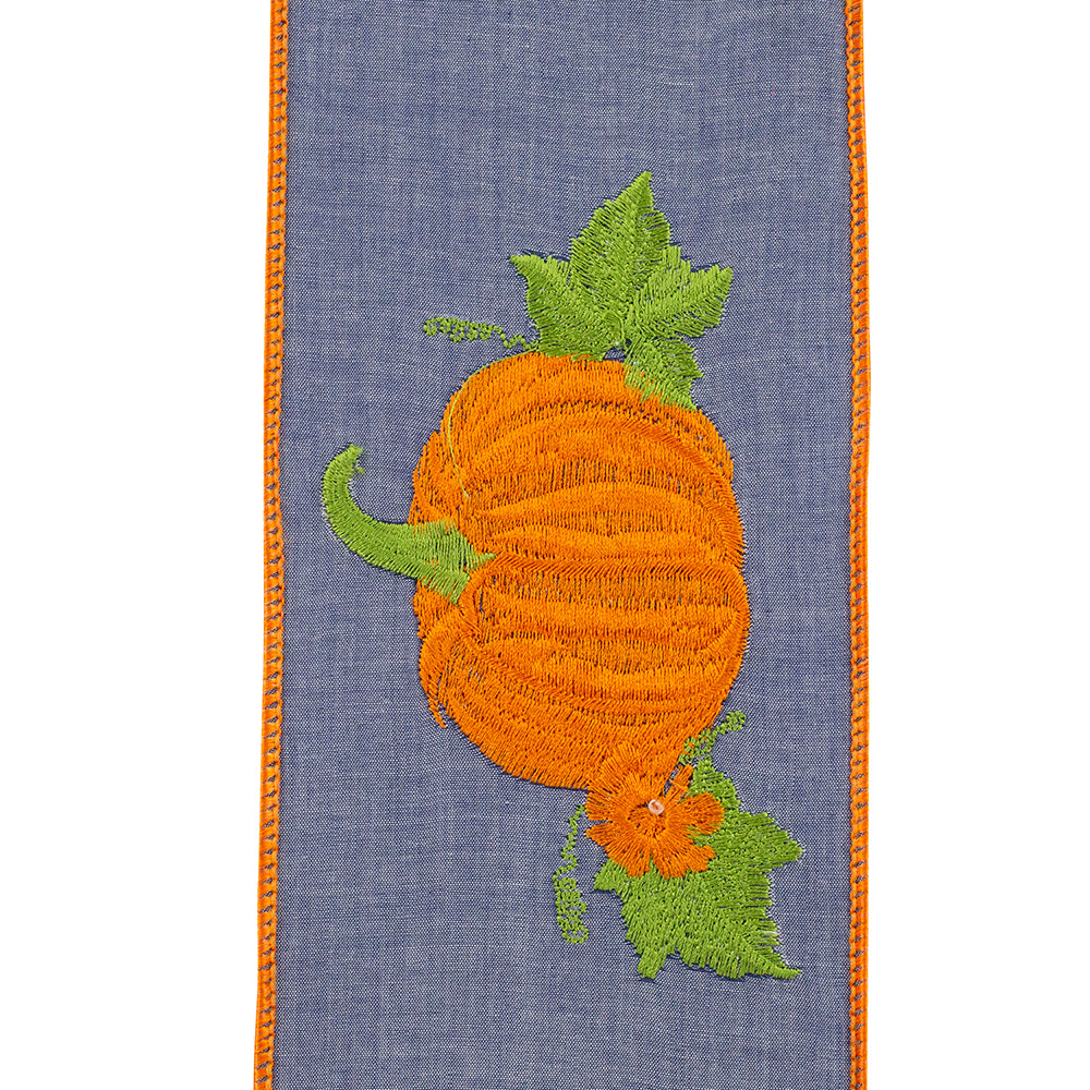 Deluxe wired edge denim ribbon in pumpkin with embroidered floral pattern