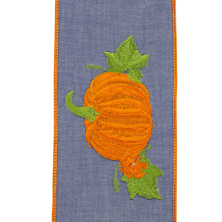 Deluxe wired edge denim ribbon in pumpkin with embroidered floral pattern