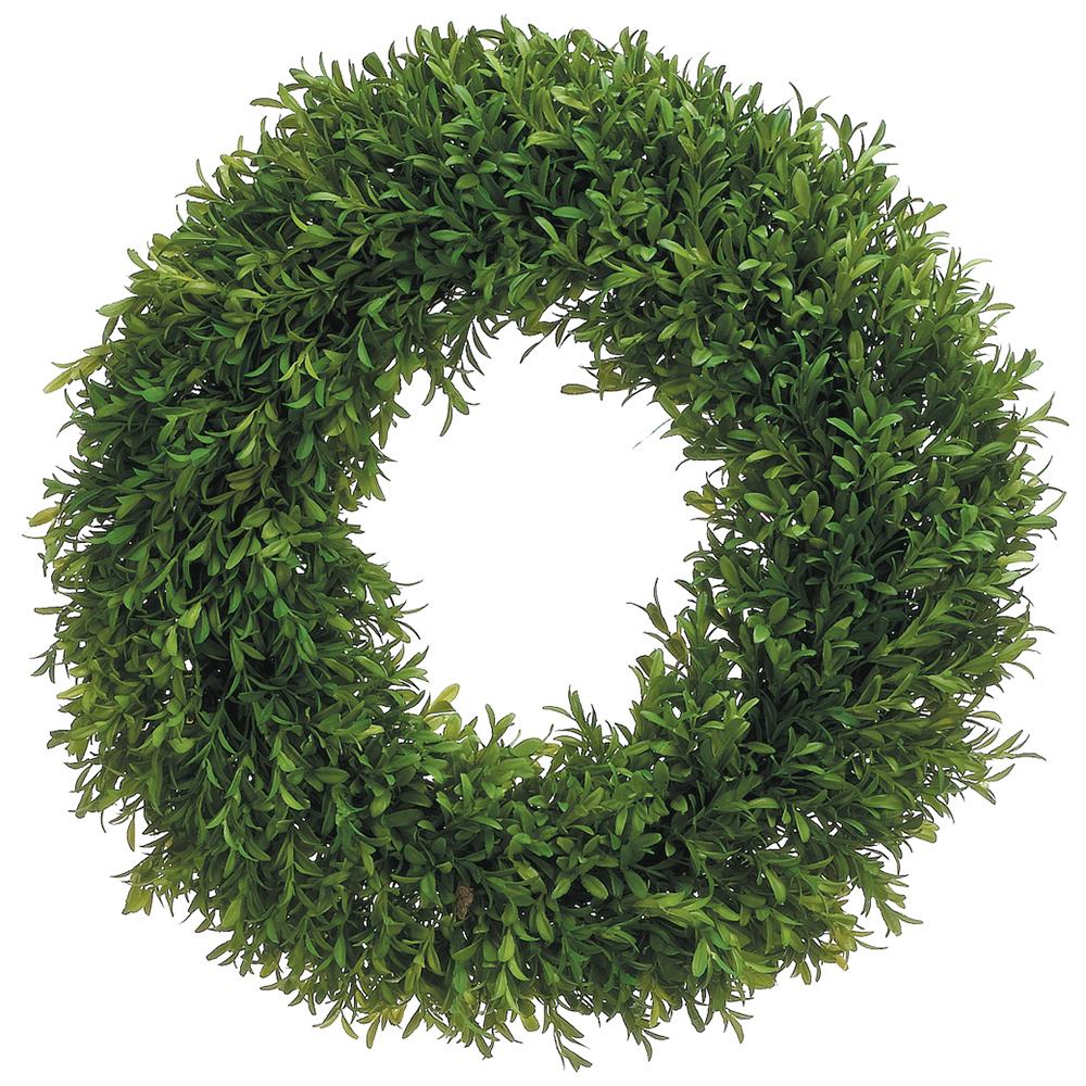 Green tea leaf wreath with plastic and twig materials in a circular shape.