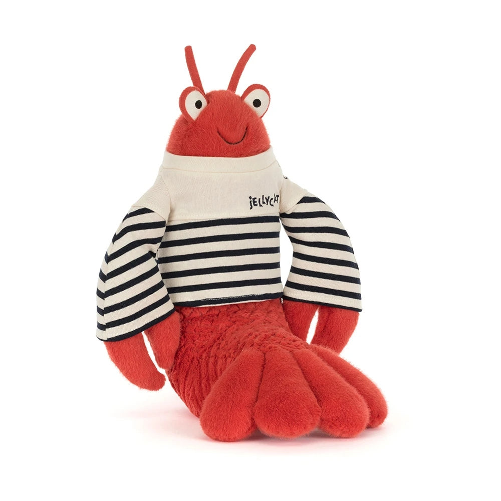 Plush red Jellycat lobster wearing a white and navy blue striped sailor shirt.