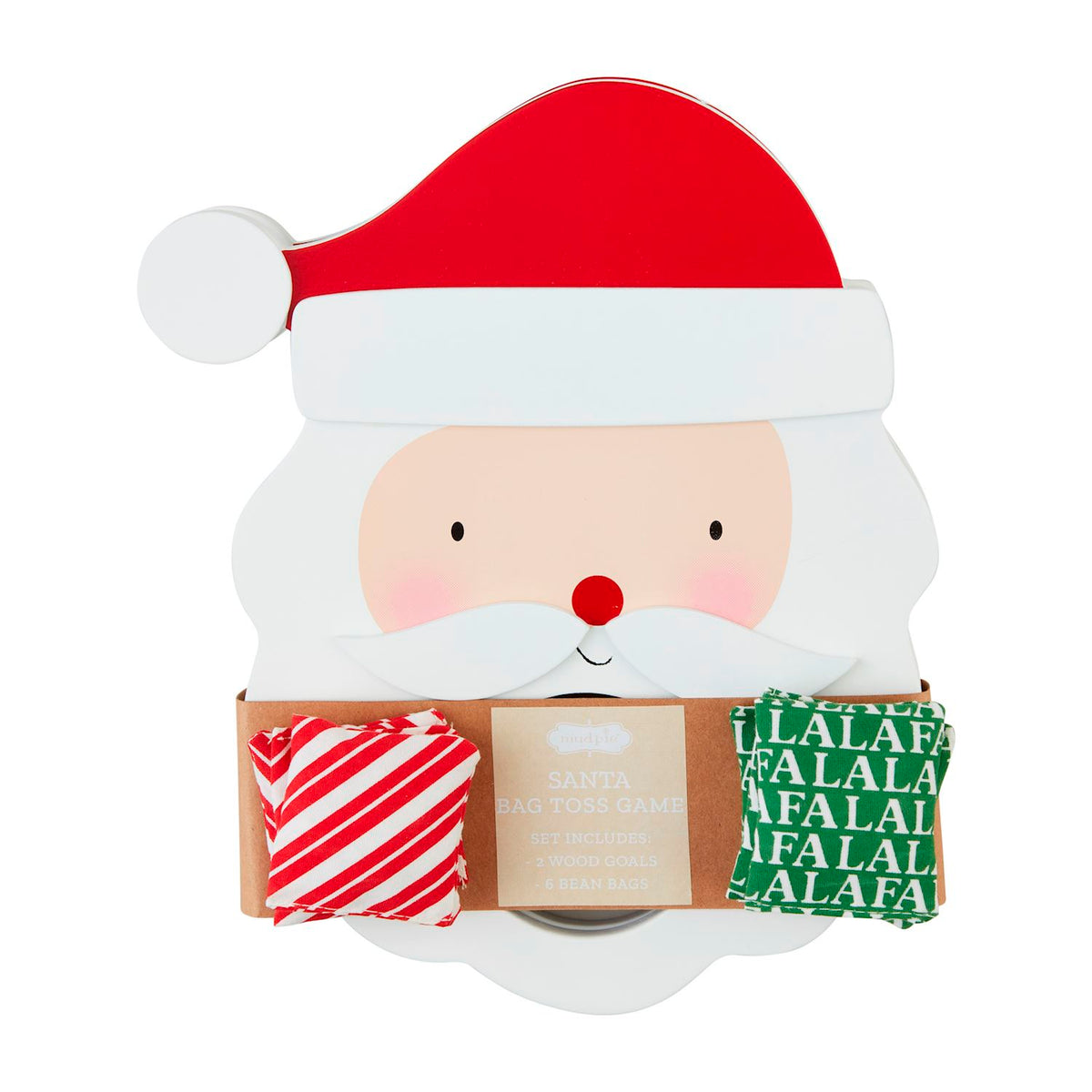 Santa Bag Toss Game featuring a wooden Santa head goal with red and green patterned bean bags.