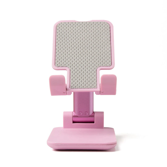 Pink Modern Monkey folding phone stand with non-slip grey backing and adjustable base.