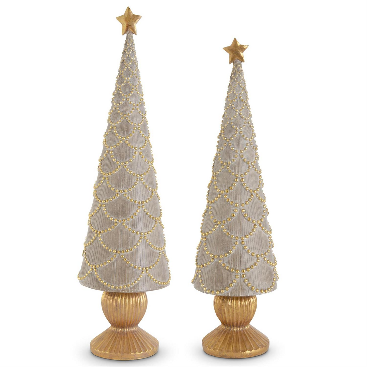 Two tan resin tabletop Christmas trees with gold scalloped bead details and star toppers.