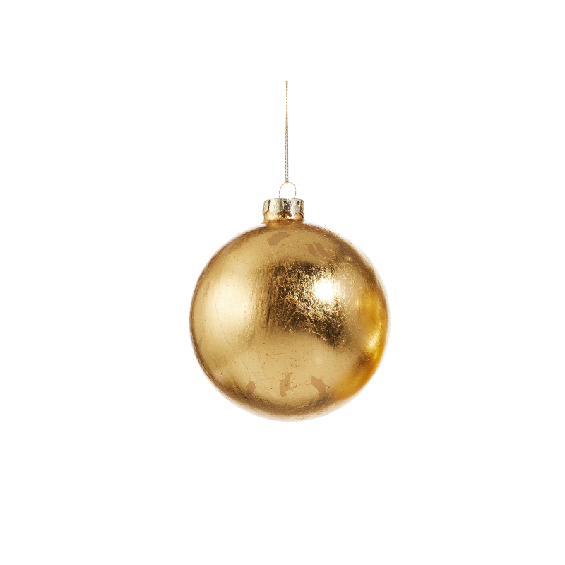 Gold leaf glass Christmas ornament with a shimmering foil finish and gold hanging string.