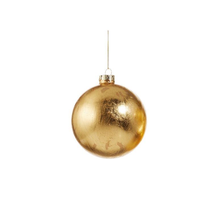 Gold leaf glass Christmas ornament with a shimmering foil finish and gold hanging string.
