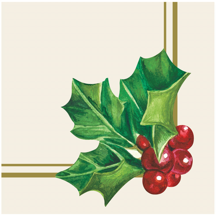 Packaged Holly Cocktail Napkins in folded green paper with white floral pattern.