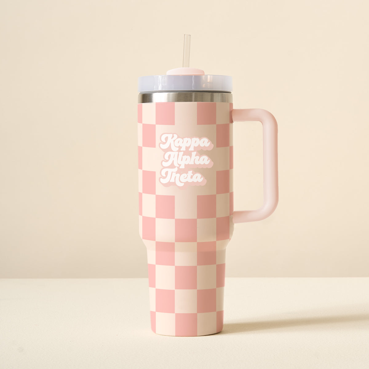 40 oz Sorority tumbler with checkered pattern, reusable straw lid, and handle.