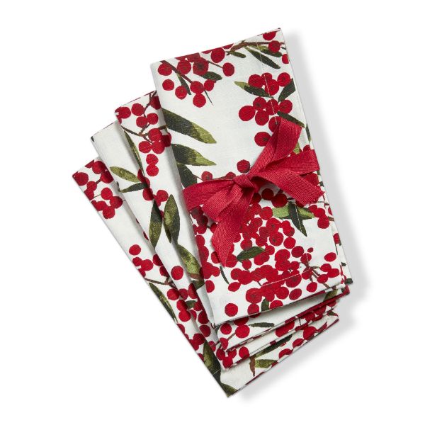 Set of square cotton napkins in a natural beige tone with subtle botanical sprig patterns.