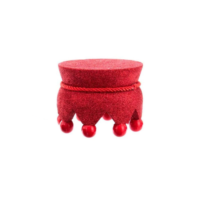 5-inch red glitter Hollywood Nutcracker base with scalloped edges and red ball accents.