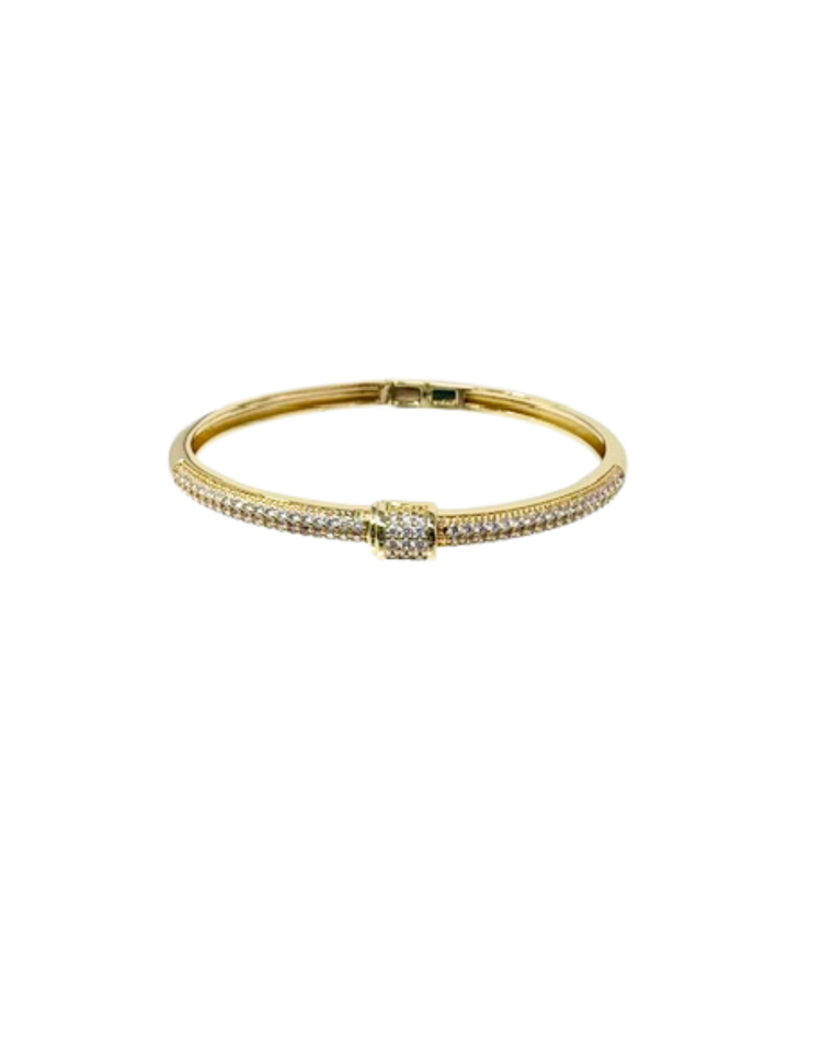 Gold bangle bracelet featuring three rows of clear cubic zirconia stones and a square center motif.