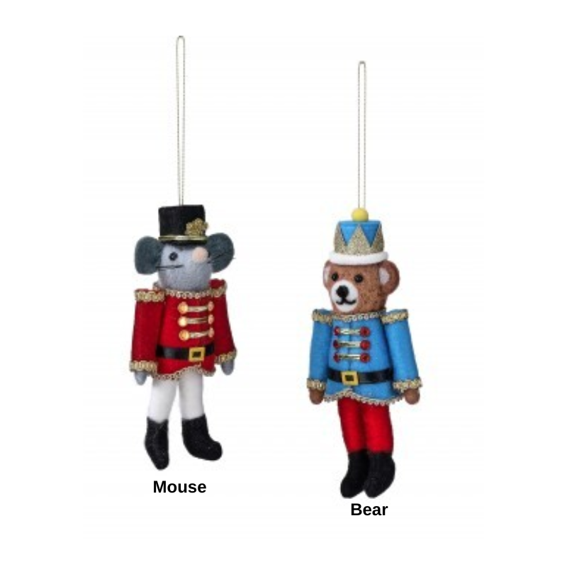 6.5-inch felt mouse and bear soldier ornaments with gold trim and hanging loops.