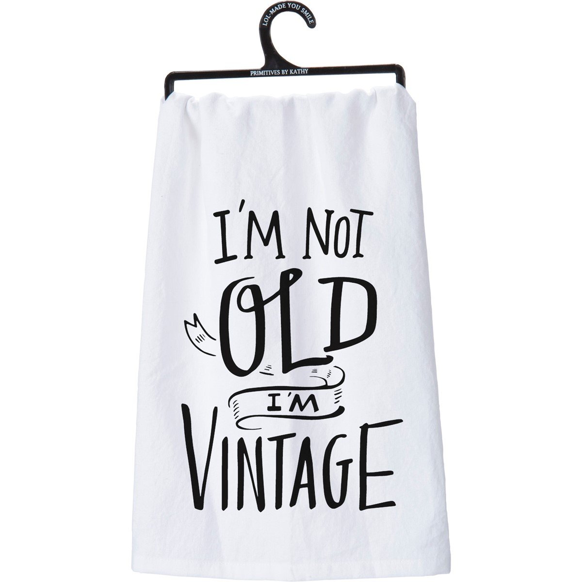 Black cotton kitchen towel with white text reading Remember As Far As Anyone Knows We Are A Nice & Normal Family
