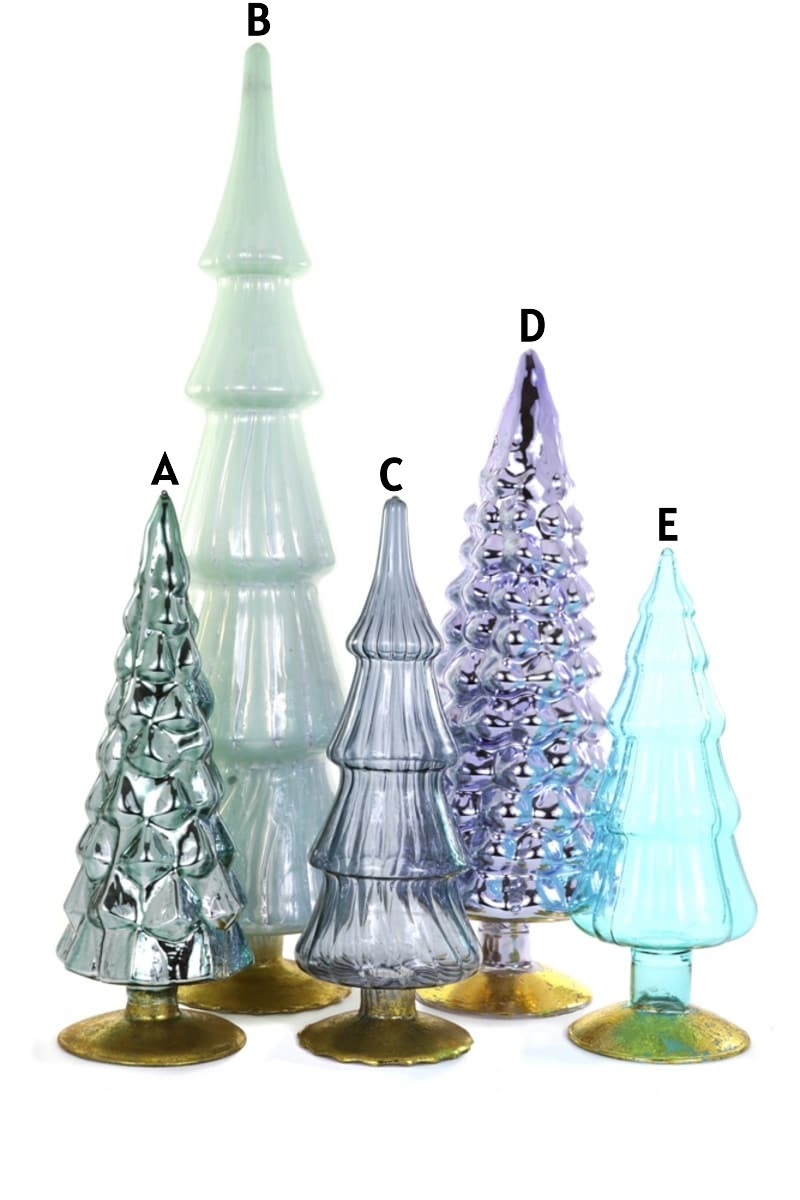 Glass candle holder shaped like a tree with snowflake accents in white.