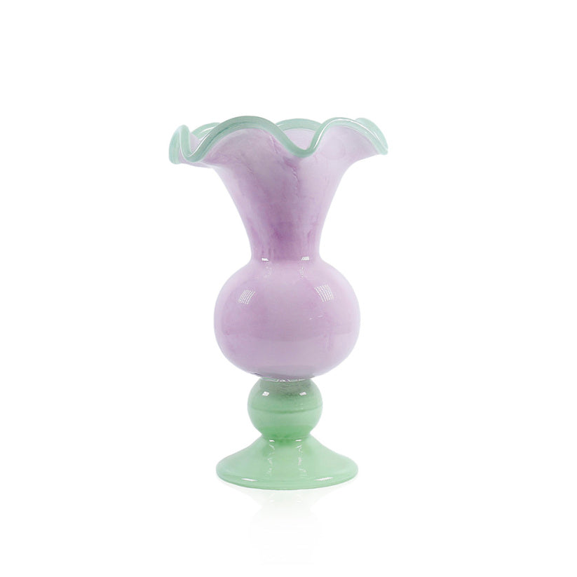 Ten-inch clear glass Easter vase with a six-inch diameter.