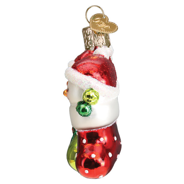 Side view of a glass Snow Family of 3 ornament featuring snowmen in a red polka dot stocking.