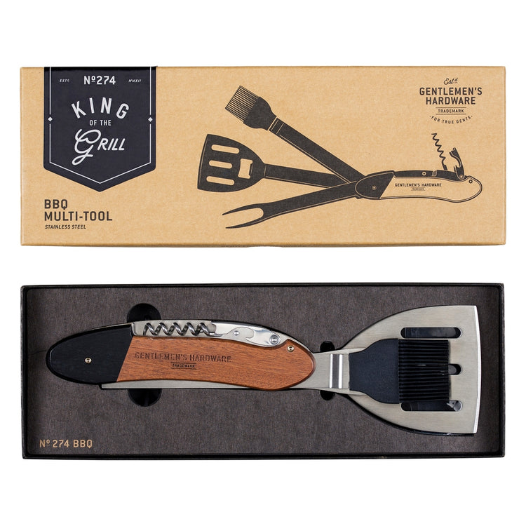 Wood-handled BBQ multi-tool with stainless steel spatula, fork, brush, and bottle opener.