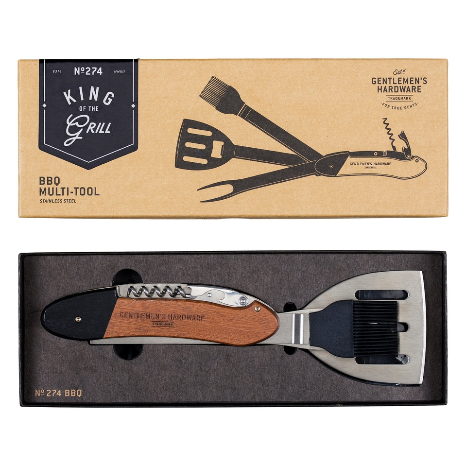 Wood-handled BBQ multi-tool with stainless steel spatula, fork, brush, and bottle opener.