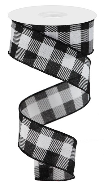 1.5 inch black and white striped check royal ribbon on a spool.