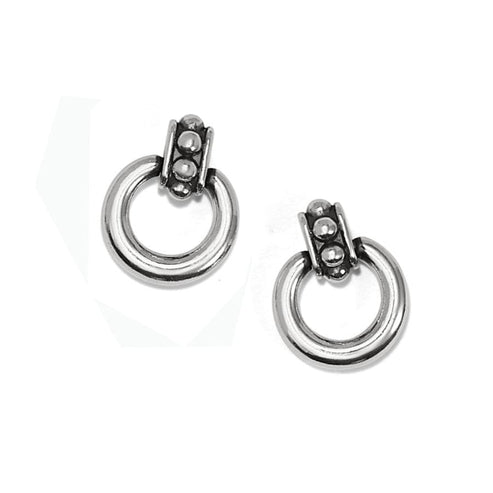 Silver plated post drop earrings with a flat disc back.