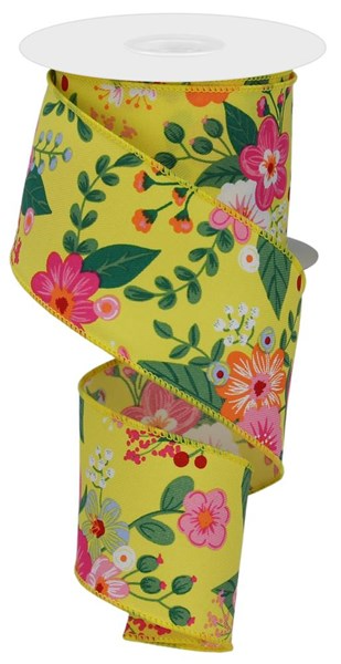 Yellow, pink, orange, green, and blue floral print on a yellow polyester fabric swatch.