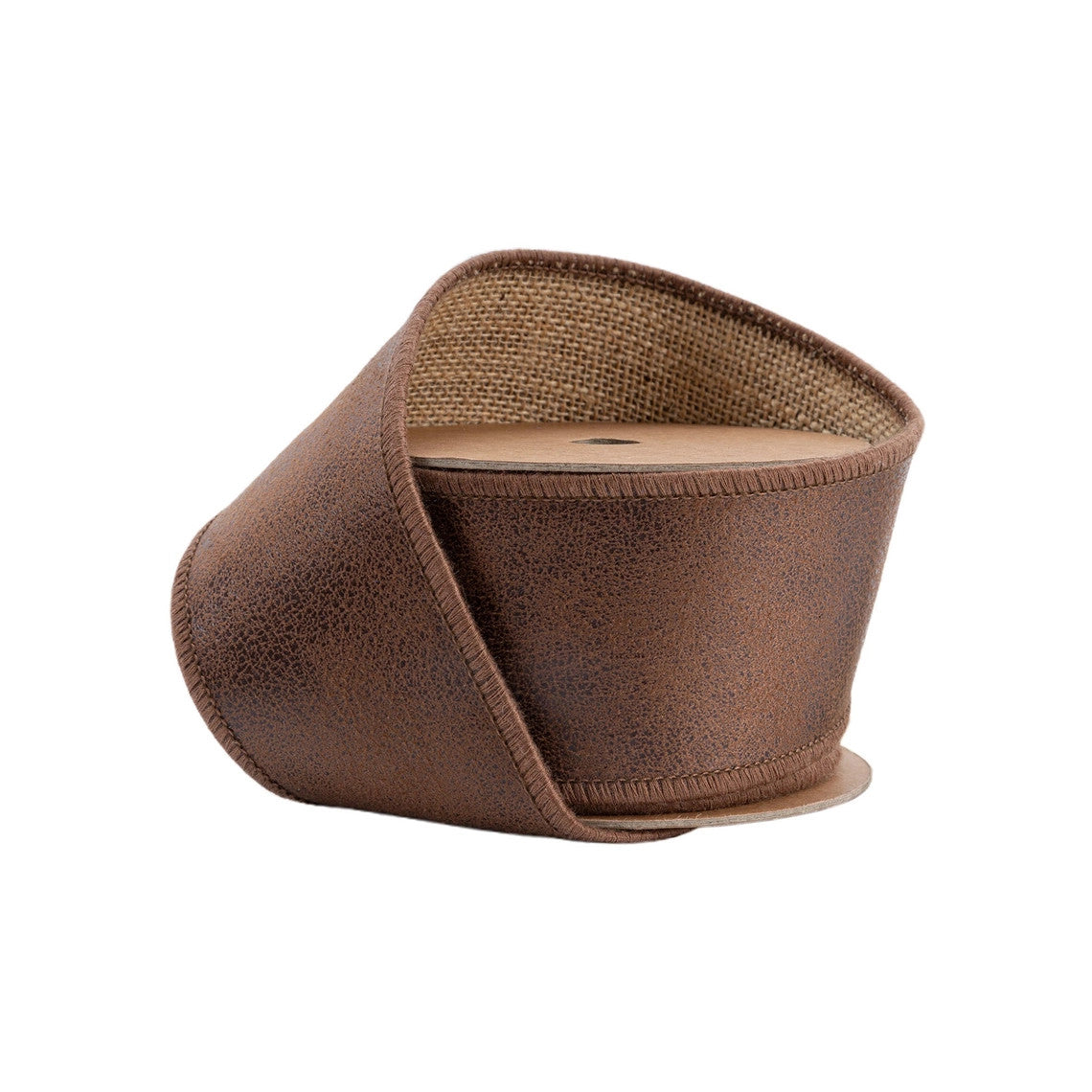 2 1/2 inch brown wired leather ribbon with natural jute backing on a spool.